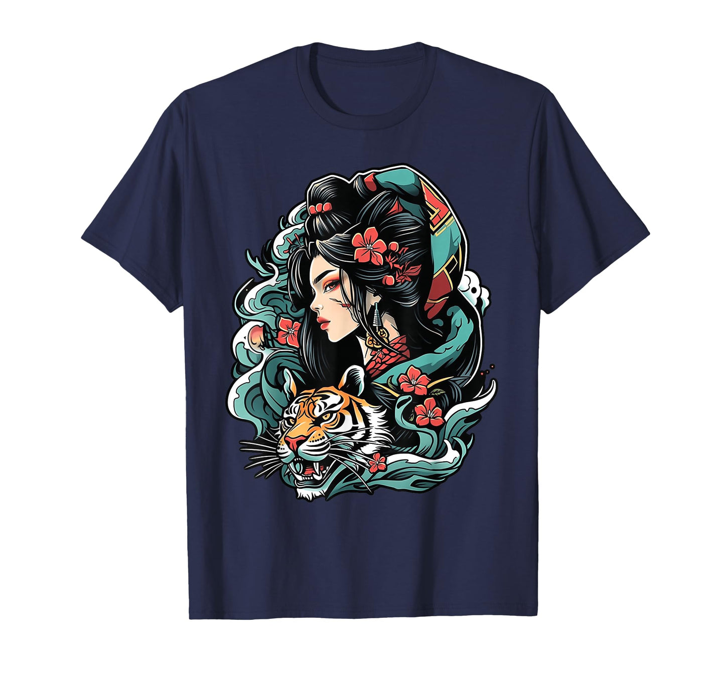Inked Elegance Meets Fierce Spirit: Geisha and Tiger Graphic T-Shirt