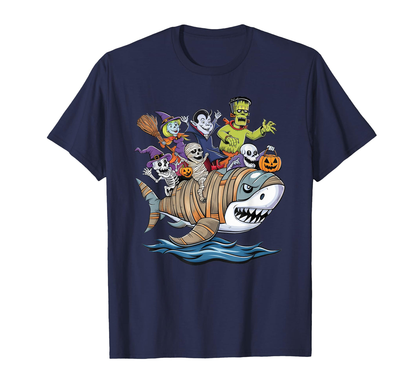 Skeleton Zombie Riding Mummy Shark Funny Halloween Pumpkin T-Shirt