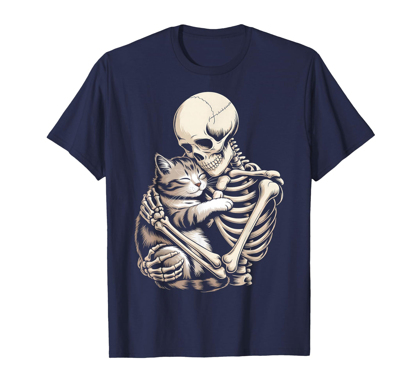 Skeleton Hugging Cat Halloween Cat Lover Cat Mom Dad T-Shirt