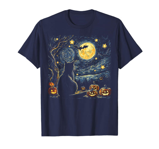 Halloween Van Gogh Starry Night Painting Black Cat Kitten T-Shirt