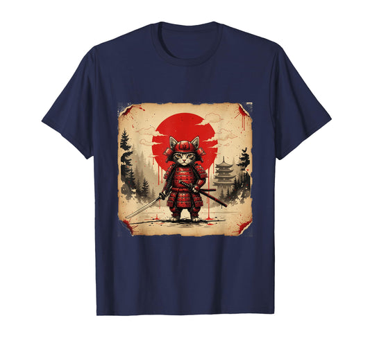Samurai Cat Warrior Japanese Parody Anime Art T-Shirt
