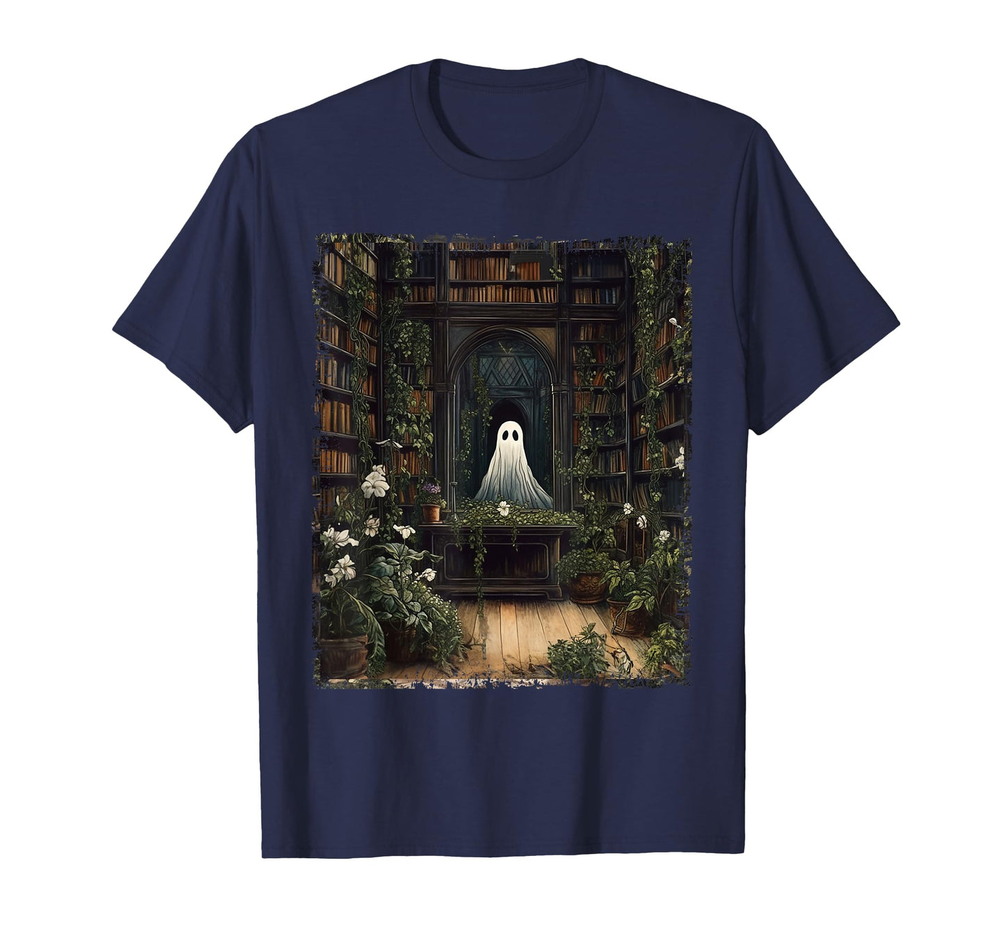 Vintage Halloween Spooky Ghost In The Library Gothic T-Shirt