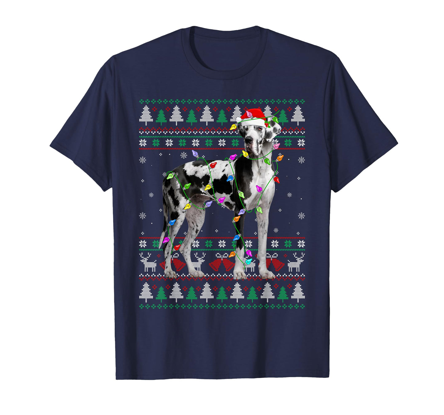 Great Dane Harlequin Dog Christmas Ugly Sweater Lights Xmas T-Shirt