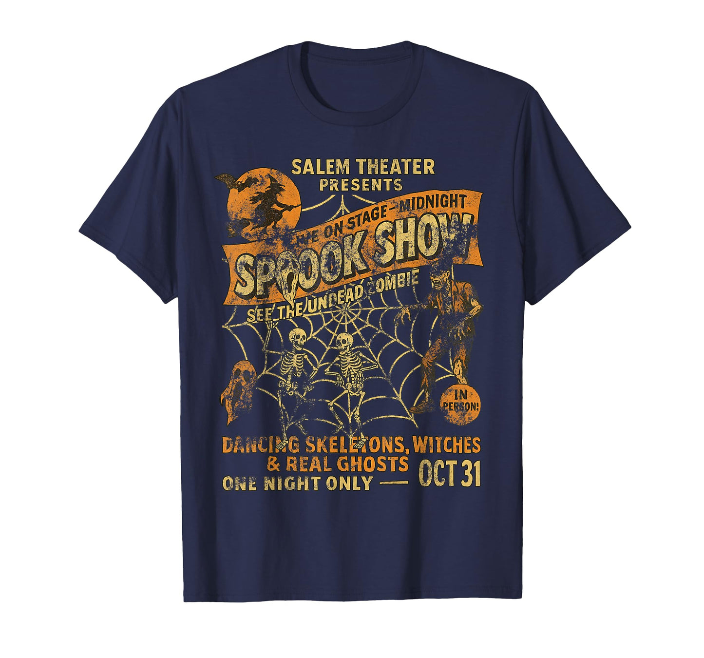 Vintage Halloween Poster Tee Witch Dancing Skeletons Monster T-Shirt