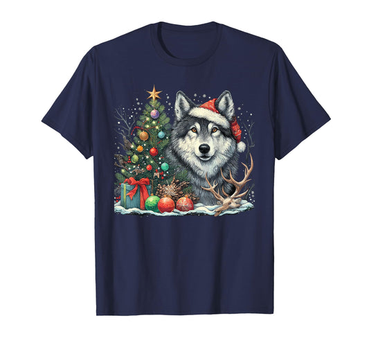 Cute Wolf With Christmas tree Wearing Santa Hat T-Shirt
