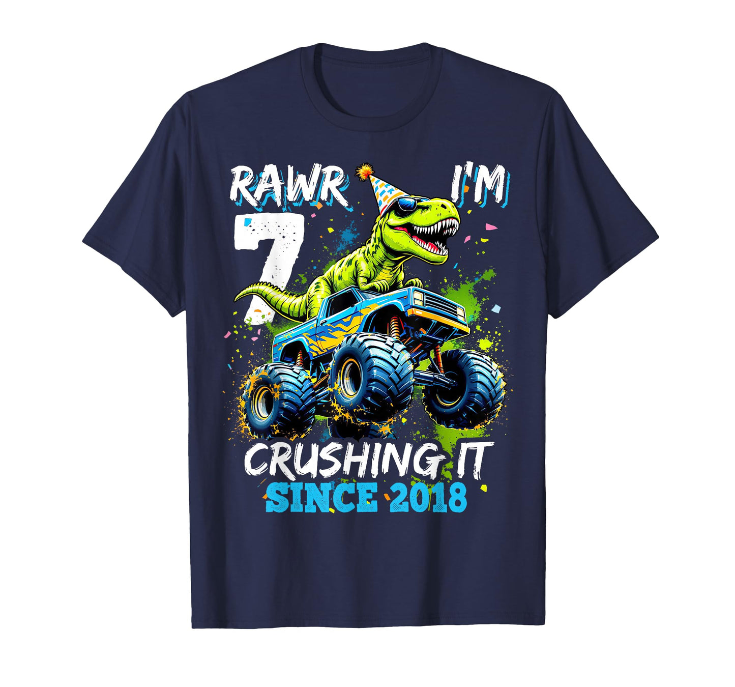 7th Birthday Monster Truck Dinosaur Party Boys Rawr I'm 7 T-Shirt