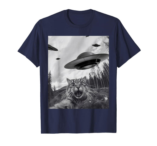 Funny Cat Selfie With Alien UFO Funny Cat For Men Women T-Shirt