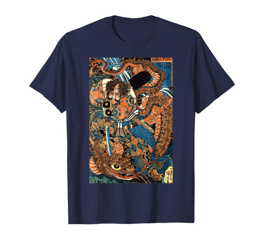Japanese Samurai Ninja Against Snake Serpent Water Monster T-Shirt