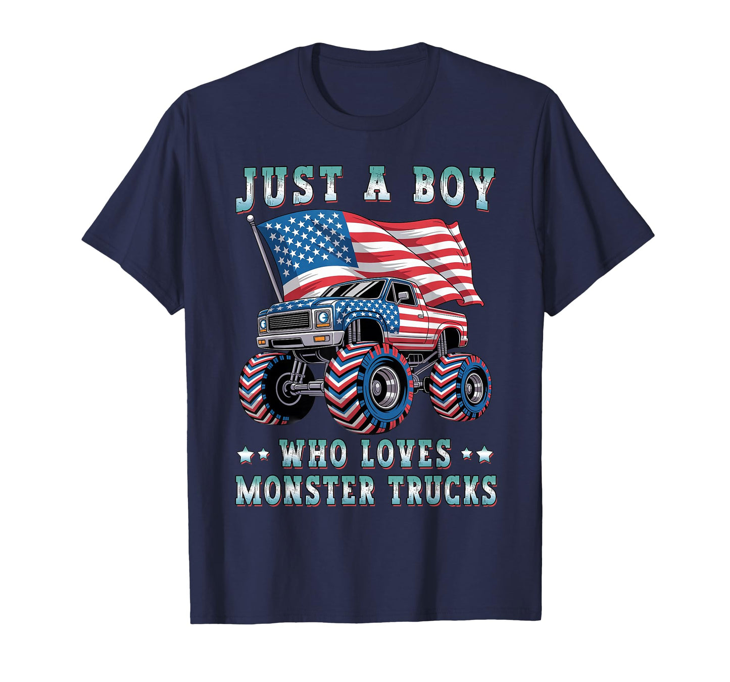 Just A Boy Who Loves Monster Trucks American Flag Kids Boys T-Shirt