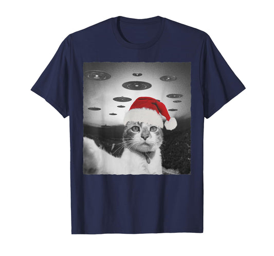 Funny Christmas Cat wear Santa Hat selfie with Alien UFO Men Women Kids T-Shirt