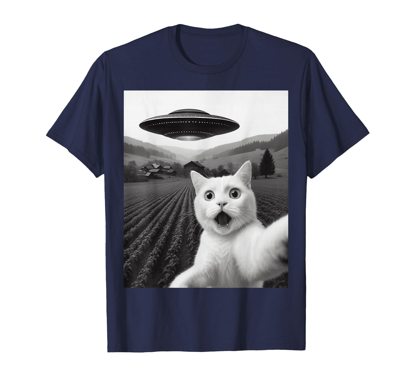 White Cat Selfie with Alien UFO Funny Kitty Abduction Tee T-Shirt