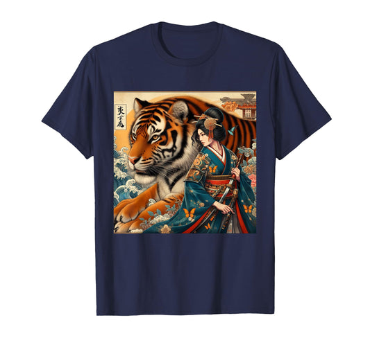 Samurai Girl Fighting Giant Tiger Traditional Japanese Art T-Shirt
