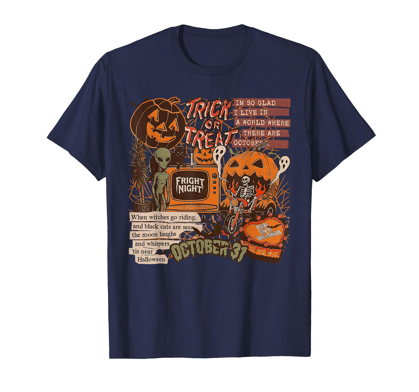 Fright Night Halloween Skeletons Aliens Pumpkins Black Cats T-Shirt