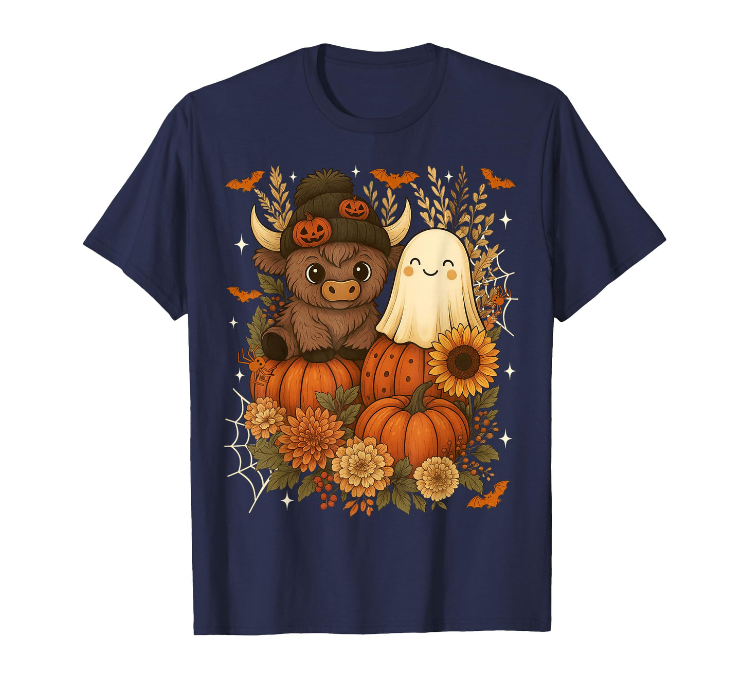 Retro Cute Fall Highland Cow Ghost Pumpkin Spooky Halloween T-Shirt
