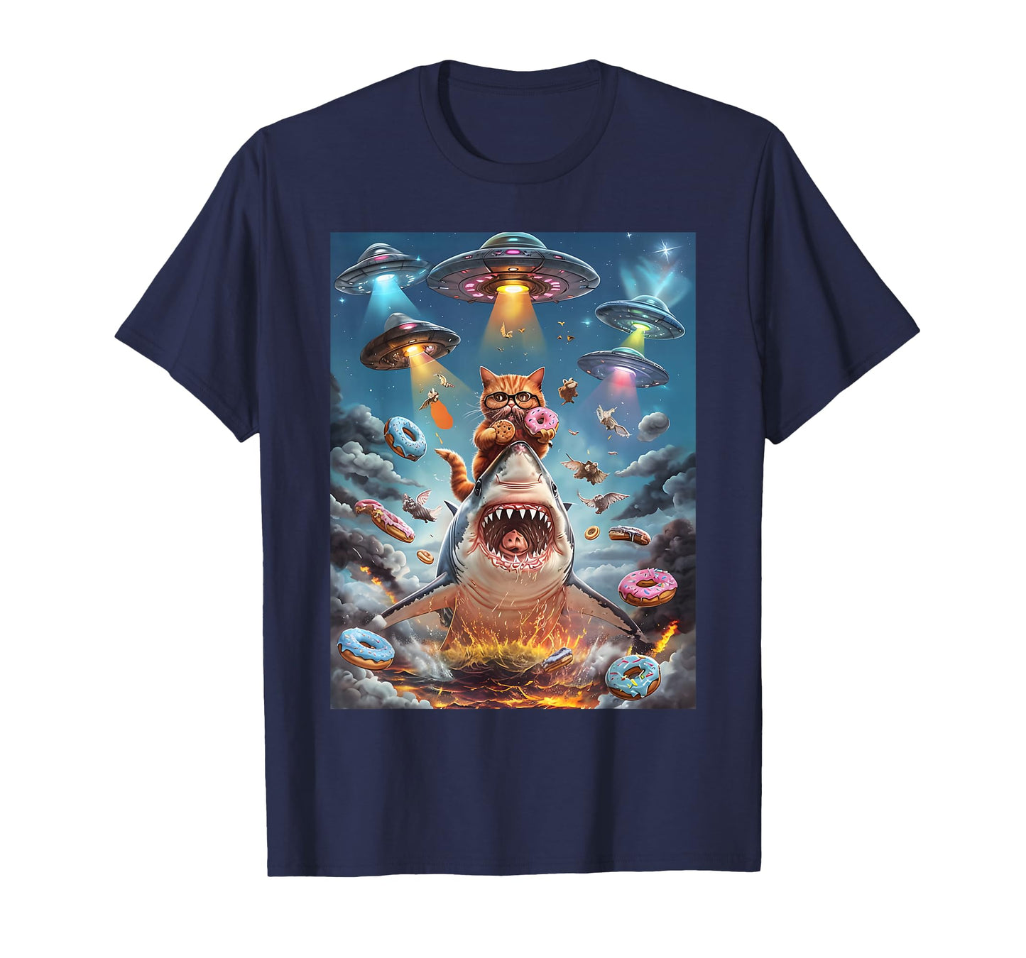 Funny Cat Riding Fire Breathing Shark Rainbow Birthday Kids T-Shirt