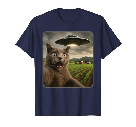 Funny Cat Selfie with UFO Alien Meme T-Shirt