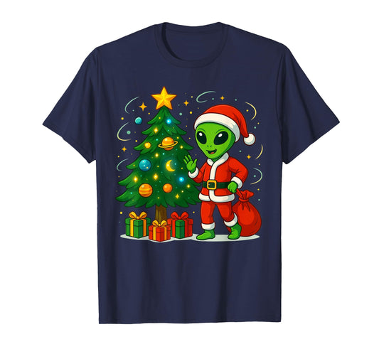 Alien Christmas Tree Xmas Lights Funny Holiday Men Boys T-Shirt