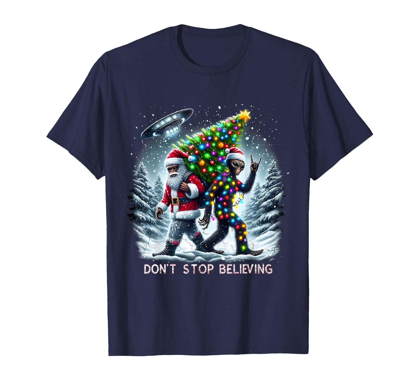 Believe Funny Alien and Santa Christmas Design T-Shirt