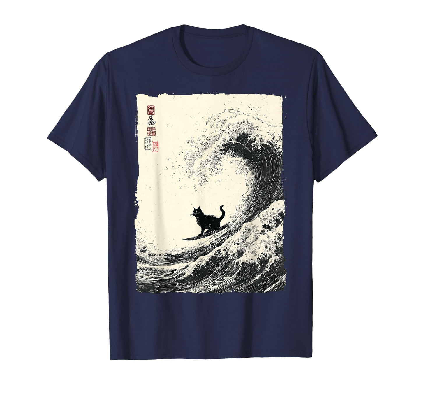 Funny Cat Surfing The Great Wave Japanese Ukiyo-e Art T-Shirt