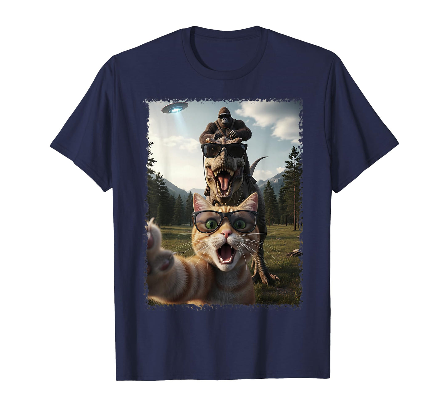 Funny Cat T-Rex Bigfoot Design UFO Selfie T-Shirt