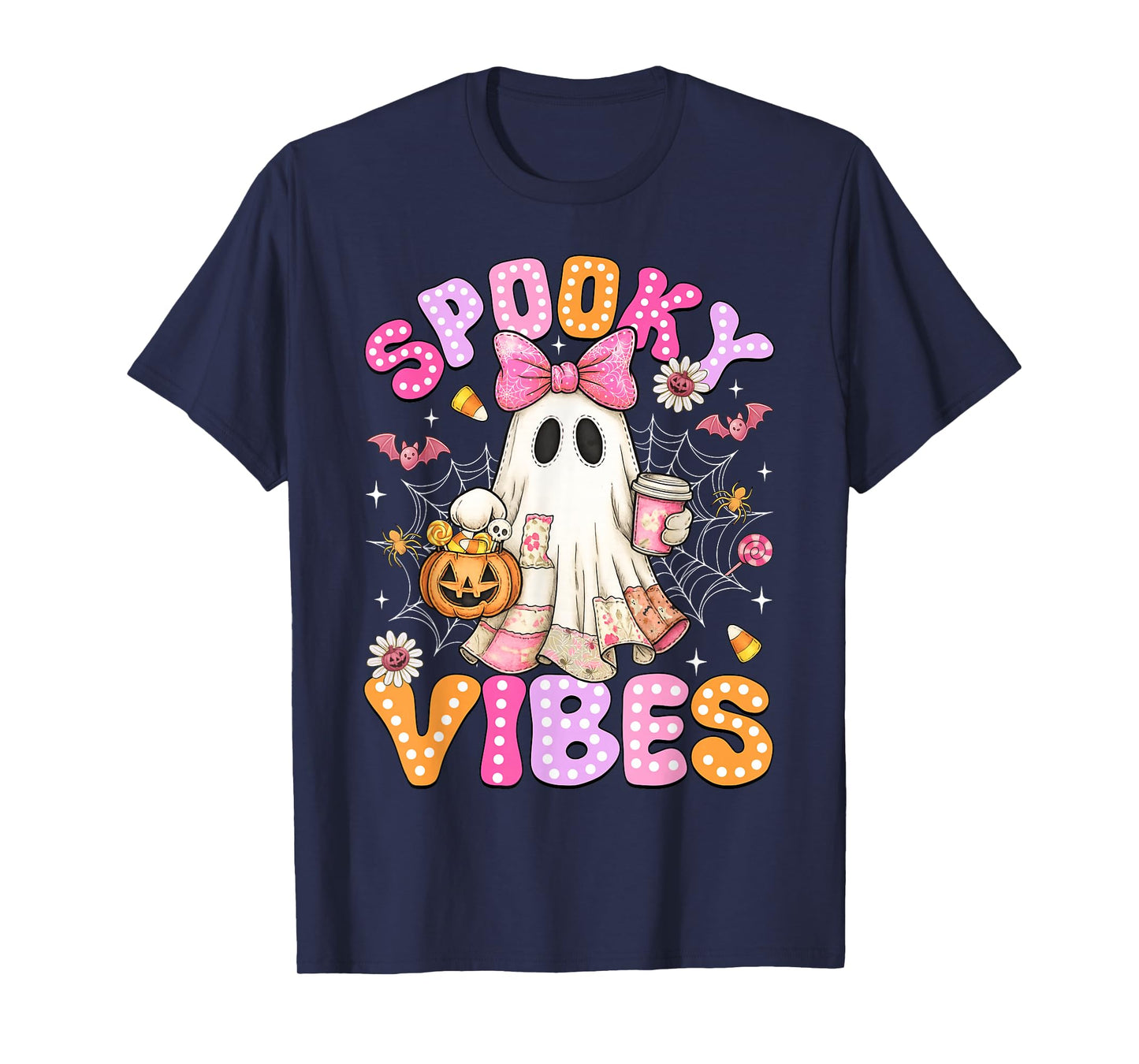Spooky Vibes Ghost Retro Groovy Halloween Women Girls Kids T-Shirt