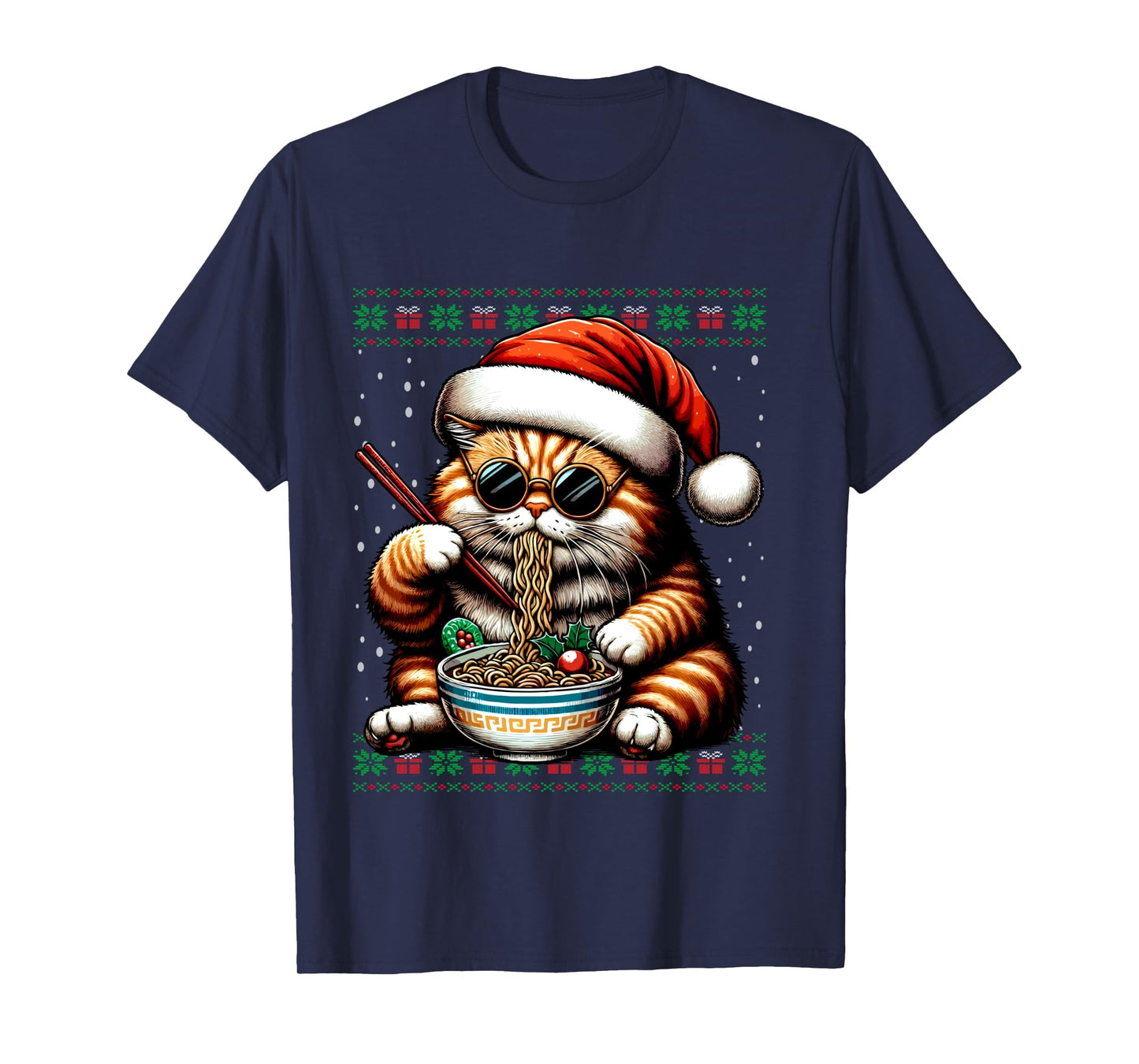 Christmas Cat Eating Ramen Ugly Christmas Sweater Long Sleeve T-Shirt