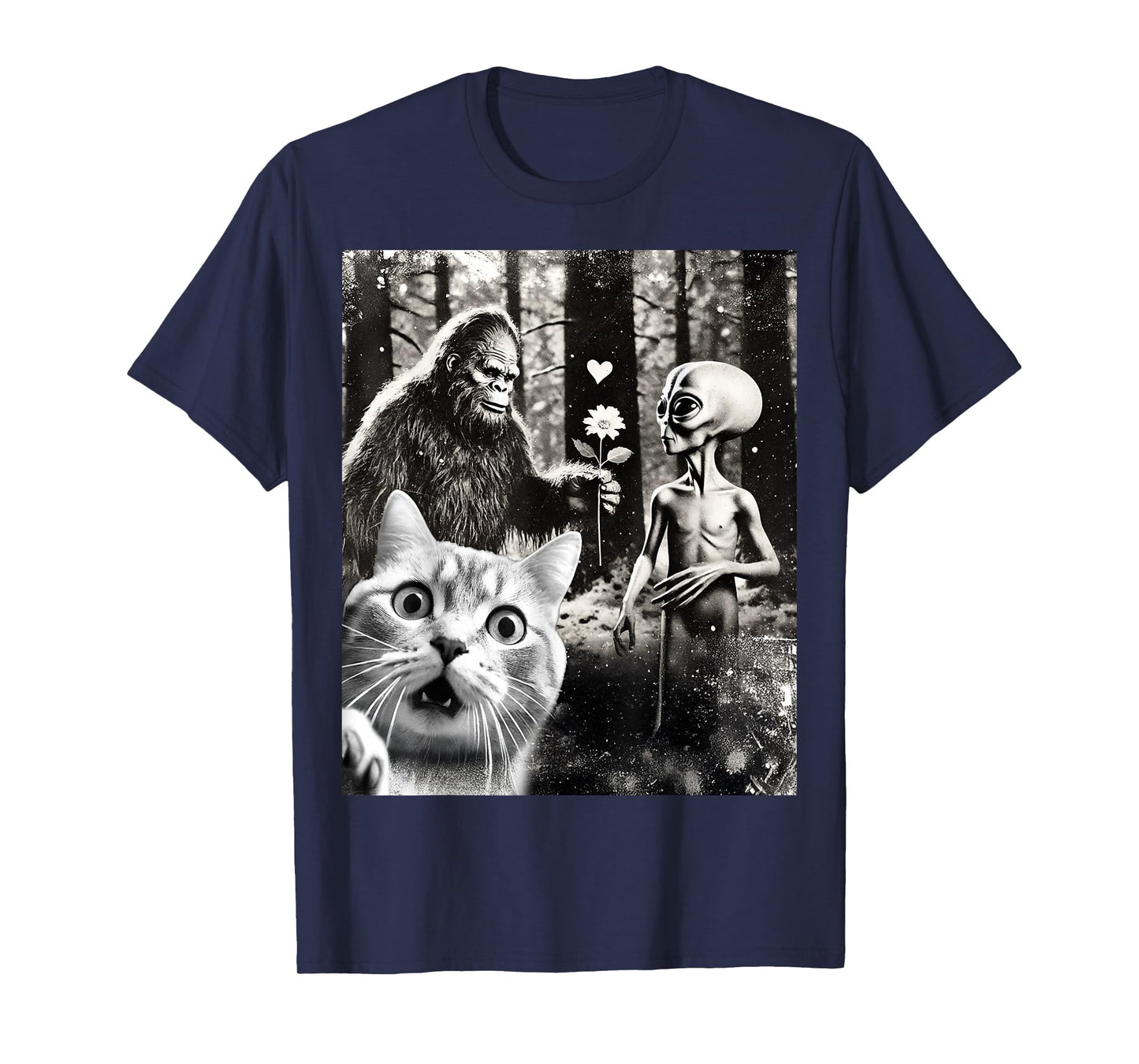Funny Cat Selfie with Romantic Bigfoot in Love with Alien T-Shirt