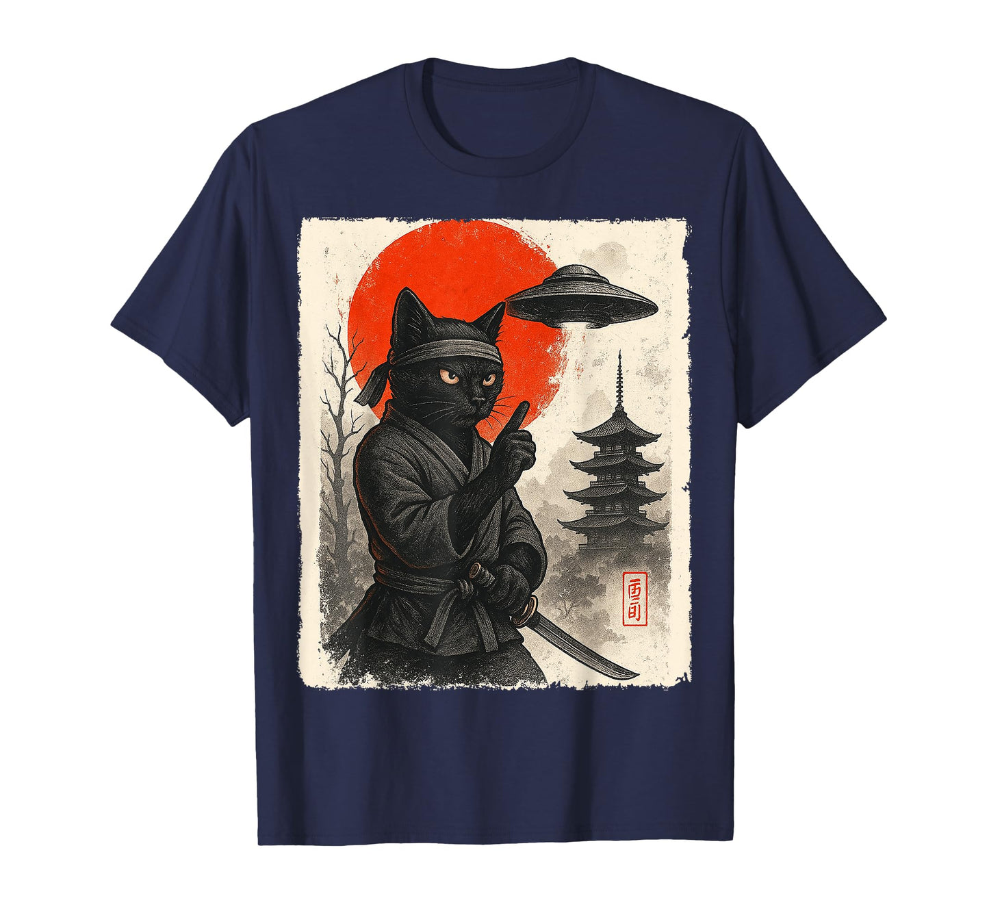 Samurai Ninja Cat Warrior UFO Japanese Anime Gifts Funny Cat T-Shirt