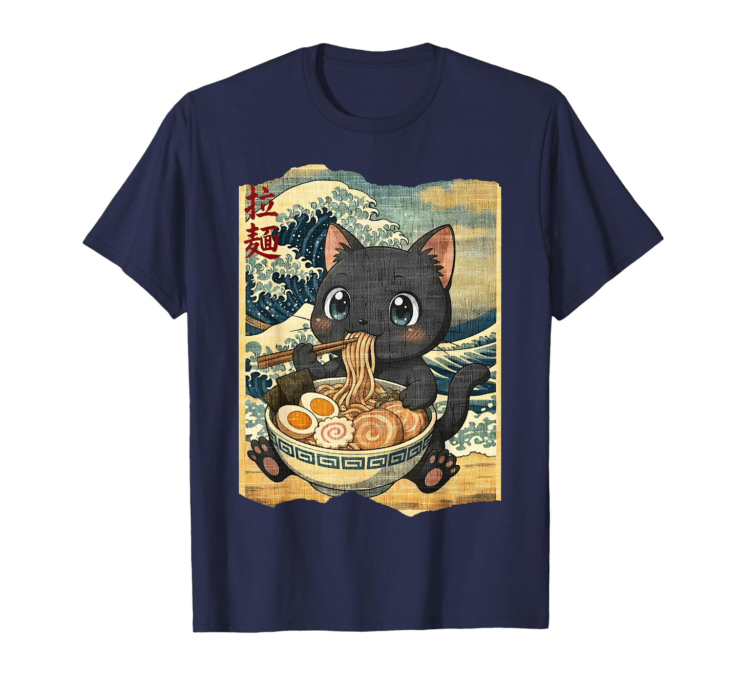 Funny Kawaii Black Cat Ramen Noodle Bowl Japanese Wave T-Shirt