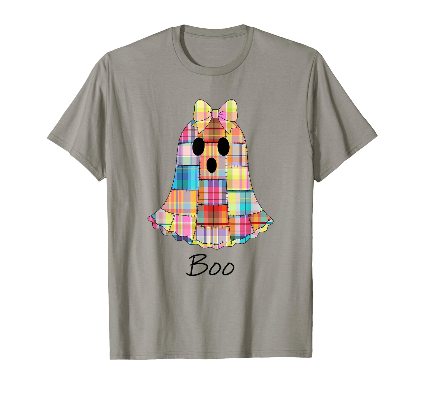 Girls Patchwork Ghost Colorful Halloween Madras Plaid Ghost T-Shirt