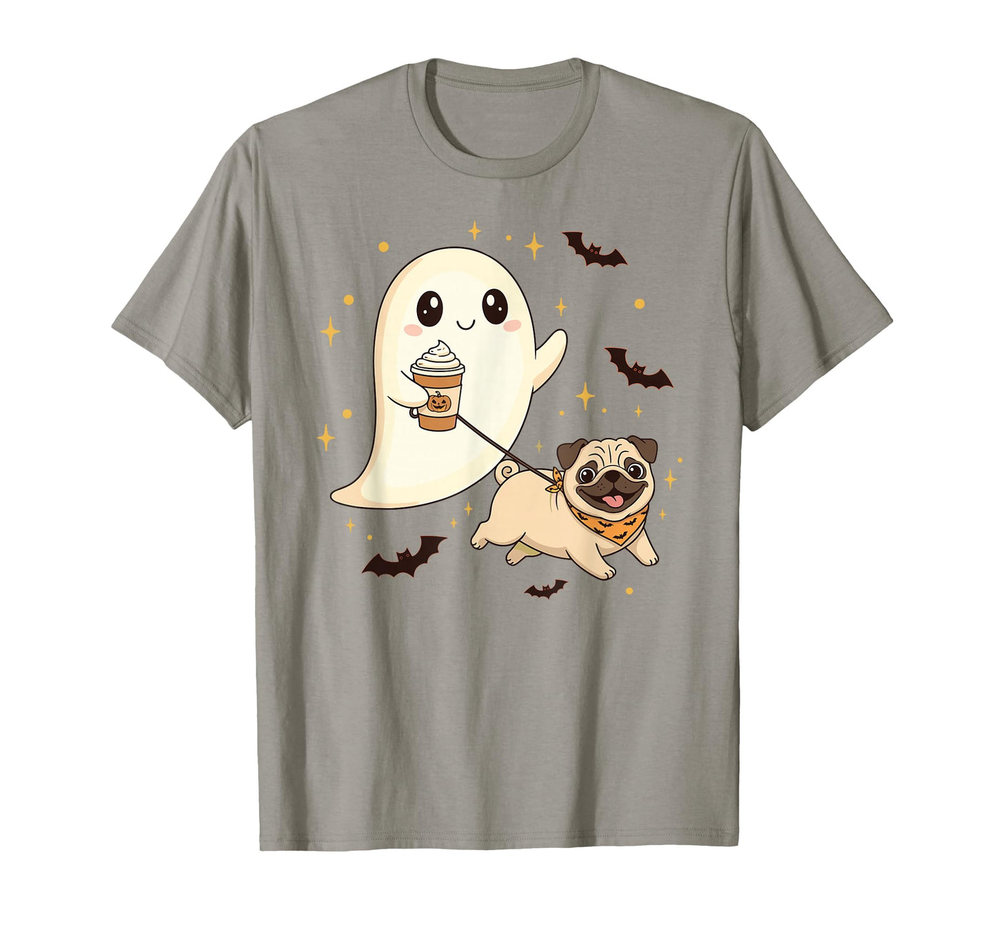 Cute Ghost Walking Dog Pug Coffee Halloween Costume T-Shirt