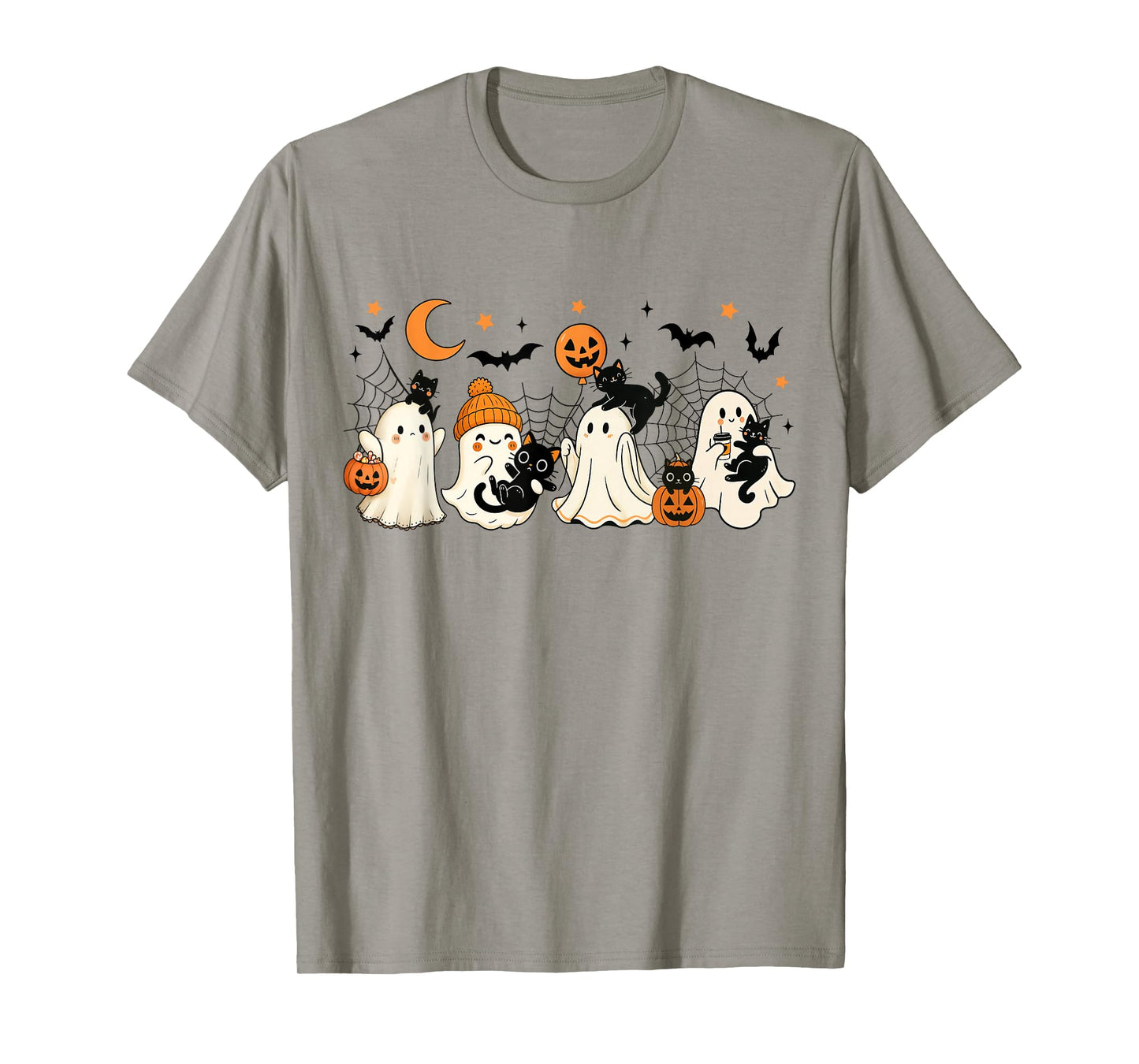 Vintage Halloween Ghost and Black Cat Spooky Season Pumpkin T-Shirt