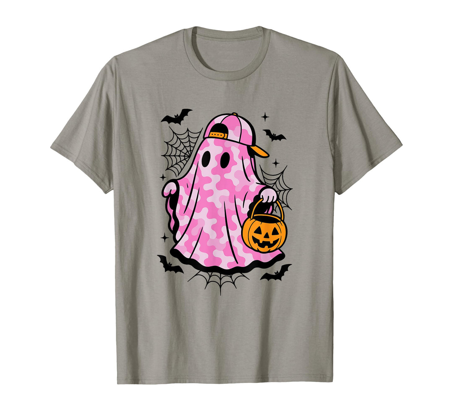 Pink Camo Ghost with Pumpkin Basket Fun Halloween Camouflage T-Shirt