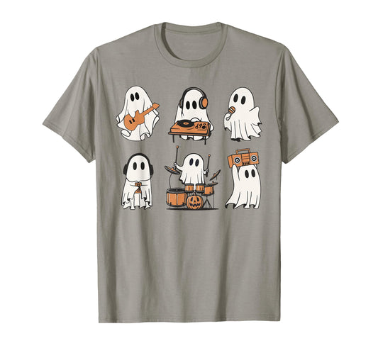 Ghost Love Music Ghost Playing Guitar Drum Halloween Costume T-Shirt