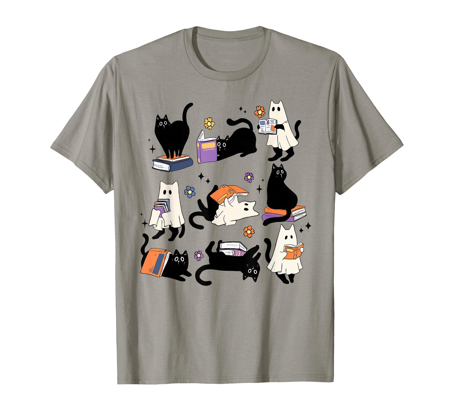 Funny Ghost Black Cat Books Lover Teacher Spooky Halloween T-Shirt