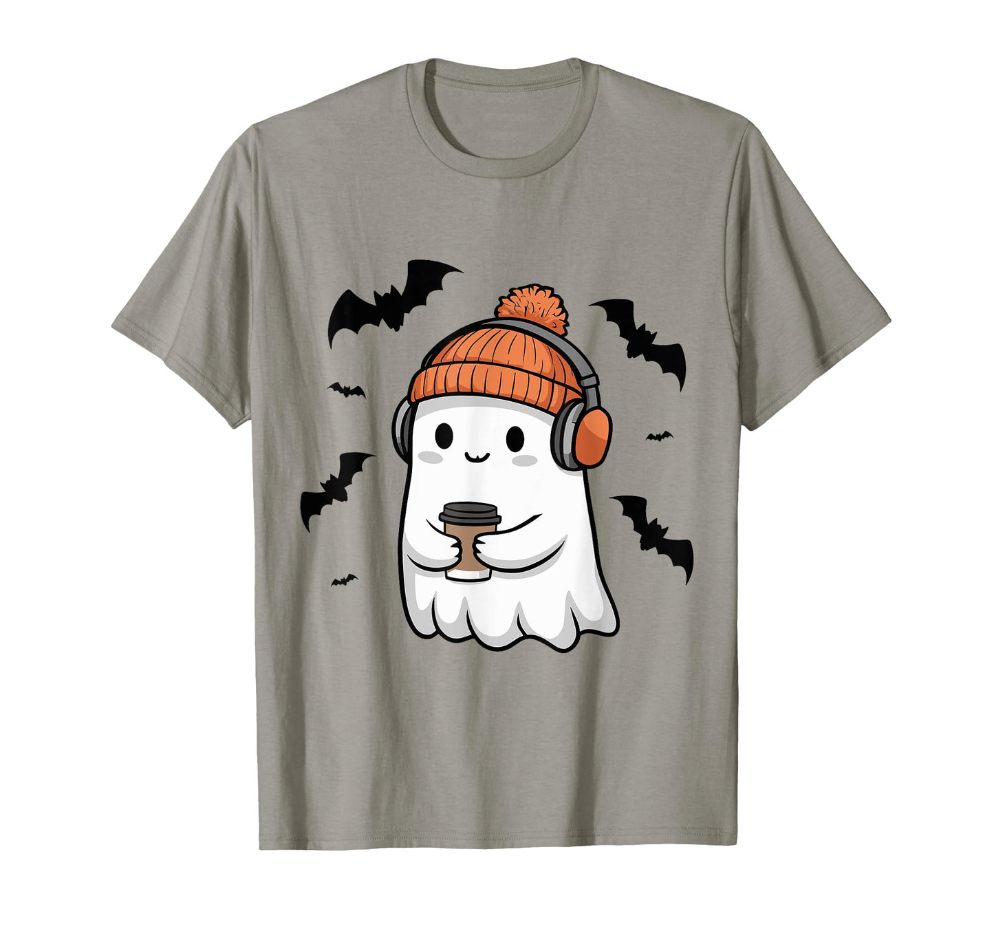 Cute Ghost Headphone Music Coffee Spooky Halloween T-Shirt