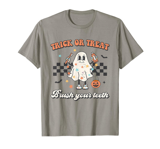 Trick Or Treat Brush Your Teeth Retro Halloween Cute Dentist T-Shirt
