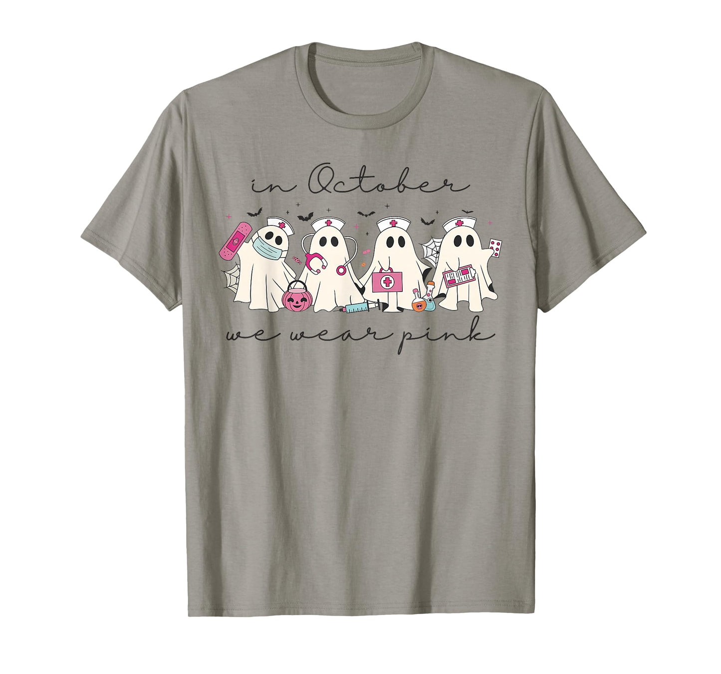 in October We Wear Pink Nurse Ghost Halloween Breast Cancer T-Shirt