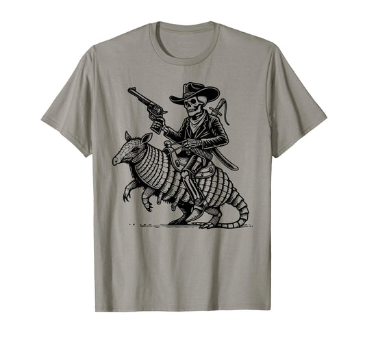 Cool Skeleton Cowboy Riding Armadillo, Unique Western T-Shirt