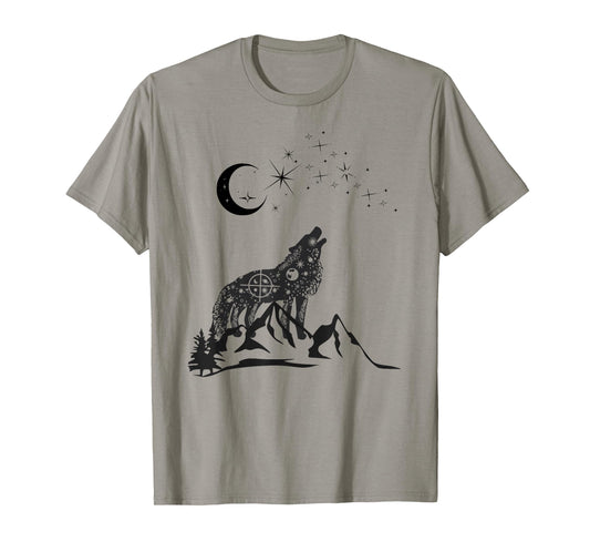 Stars Moon Astrology Wolf Mountain Landscape Black Graphic T-Shirt