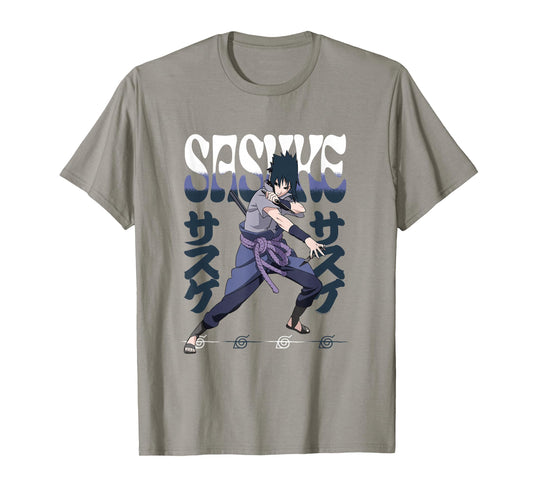 Naruto Shippuden Sasuke Attack Pose with Kanji Anime T-Shirt