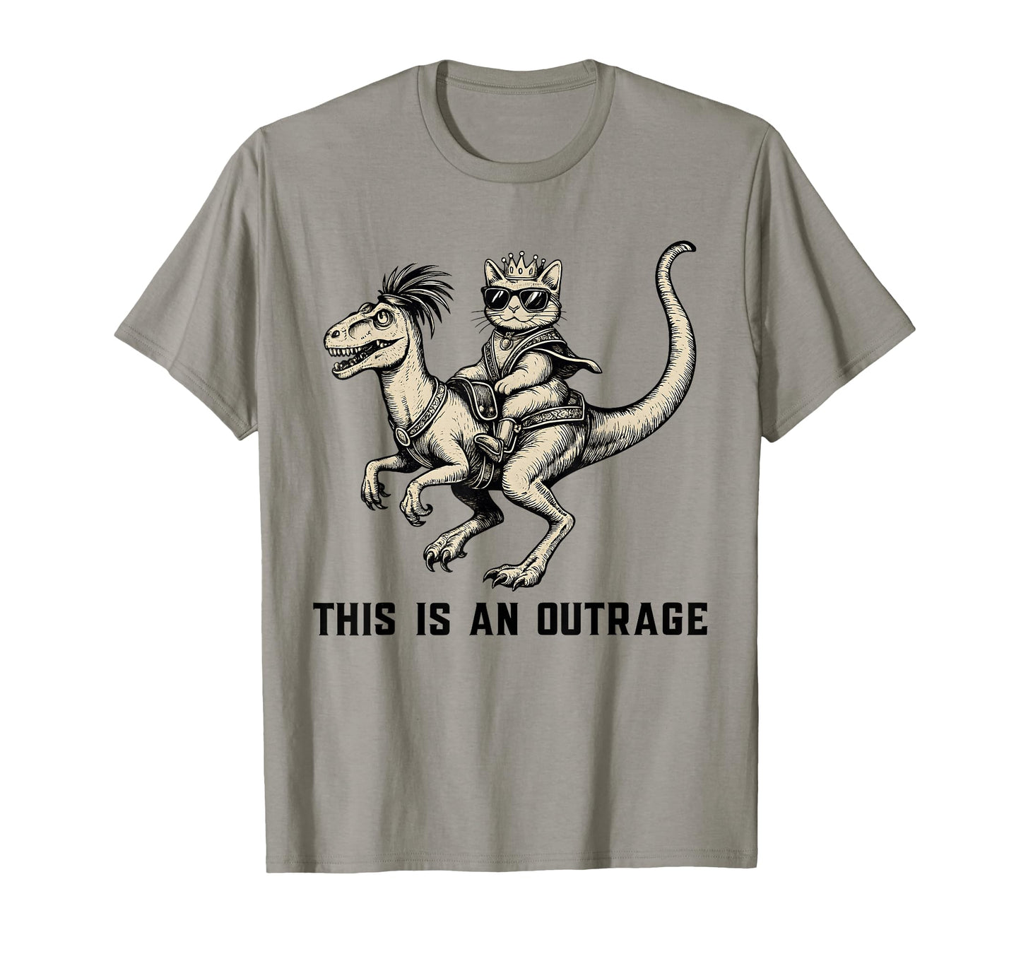 This is an Outrage Funny Cat Riding Dinosaur Meme T-Shirt