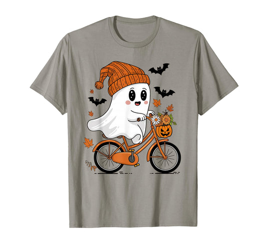 Cute Halloween Ghost Riding a Bicycle For Women Girls T-Shirt