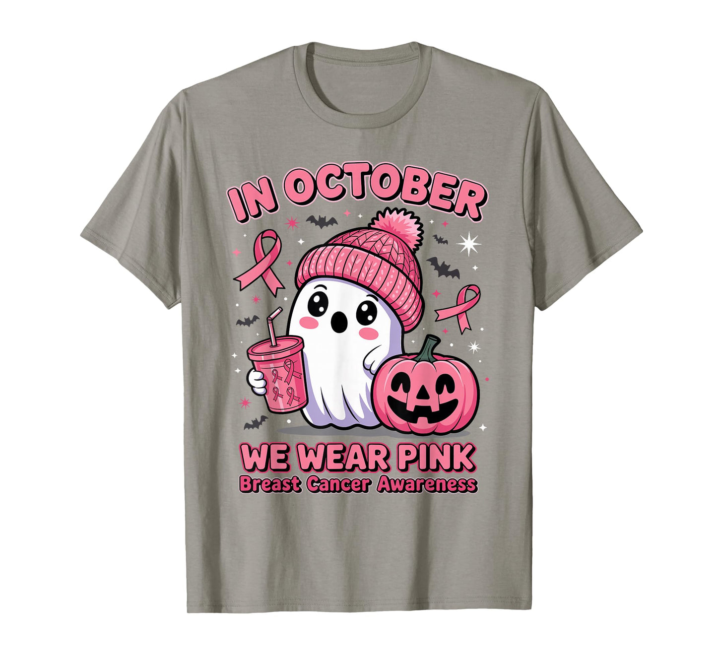 in October We Wear Pink Ghost Halloween Breast Cancer Women T-Shirt