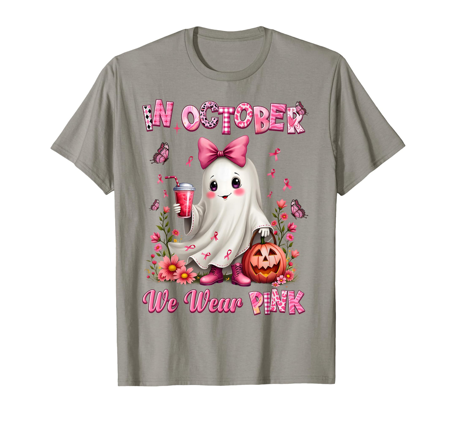 In October We Wear Pink Ghost Breast Cancer Awareness T-Shirt