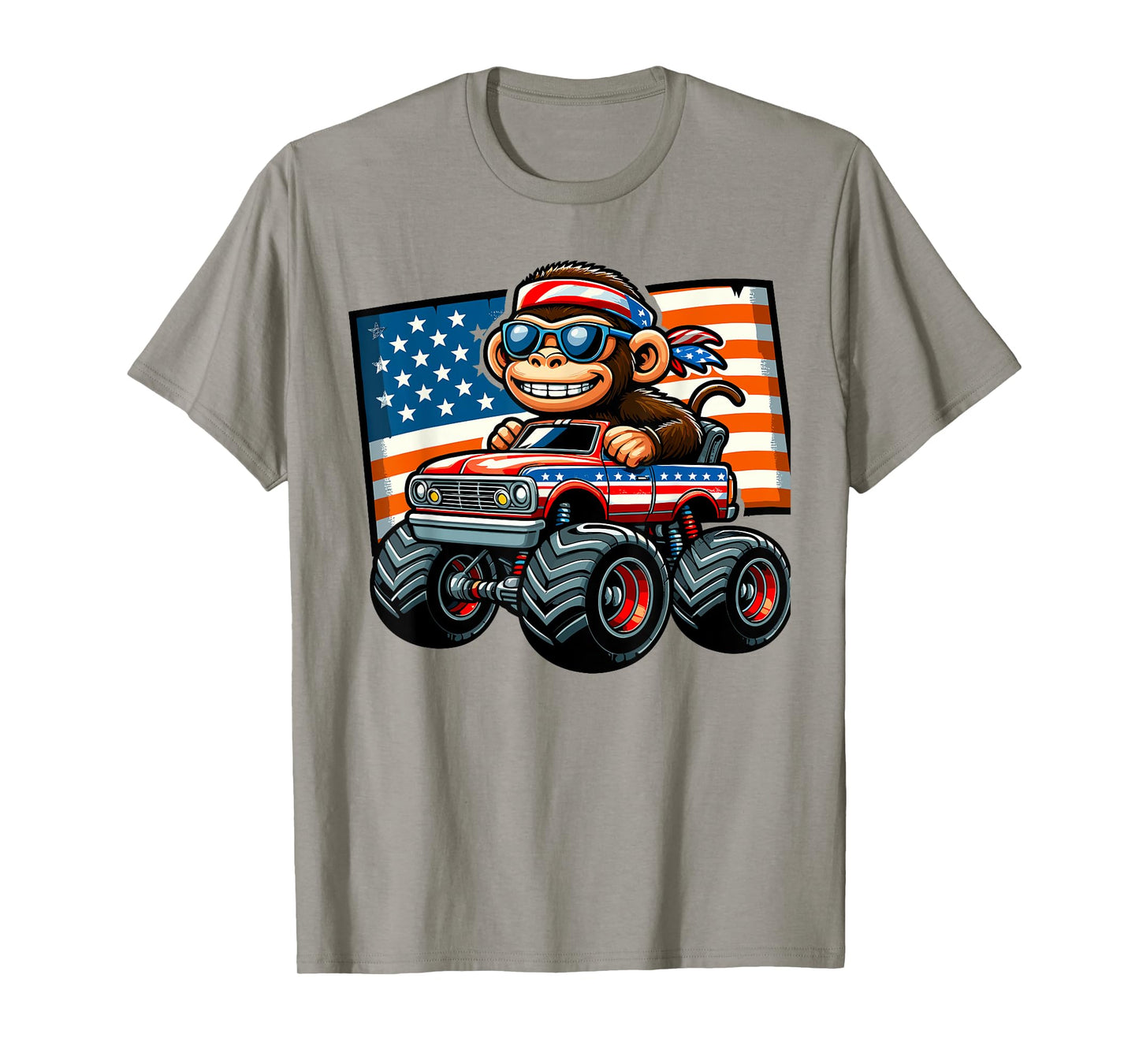 Patriotic Monkey 4th July Monster Truck American Women Kids Men T-Shirt