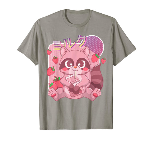 Funny Kawaii Raccoon Strawberry Milk Shake Japanese Anime T-Shirt