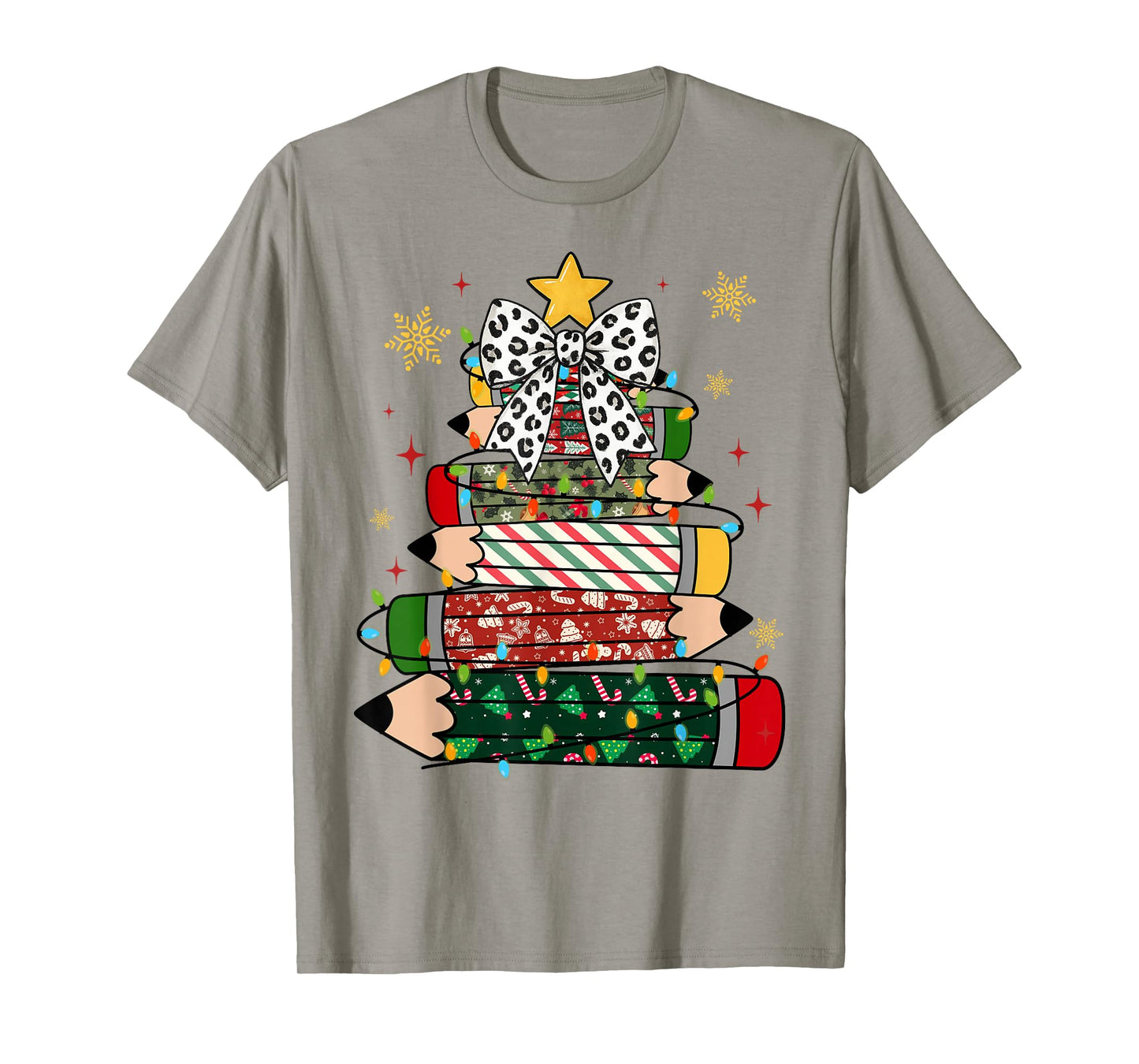 Teacher Christmas Tree Lights Pencil Leopard Print Cute Bow T-Shirt