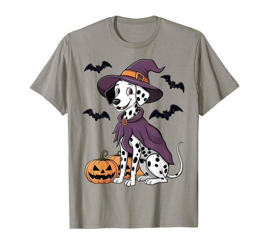 Scary Pumpkin Bat Funny Witch Hat Dalmatian Dog Halloween T-Shirt