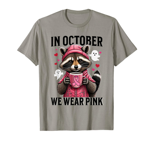 In October We Wear Pink Cute Raccoon Ghost Coffee Drink Pink T-Shirt